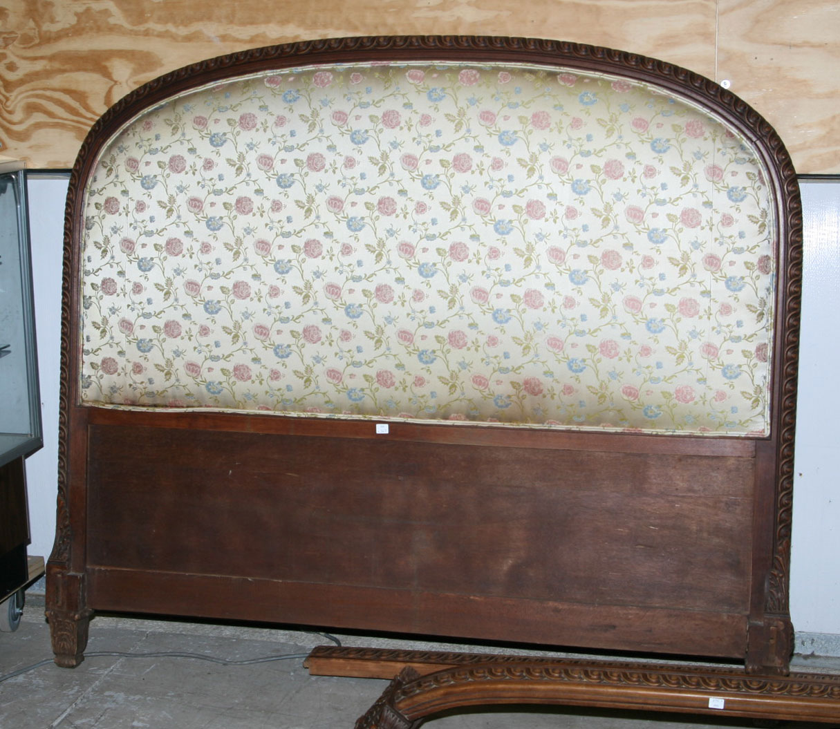 Appraisal: LOUIS XV STYLE CARVED FRUITWOOD BED WITH UPHOLSTERED HEADBOARD Length