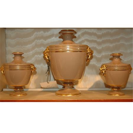 Appraisal: Set of Wedgwood Gilt Decorated Tan Porcelain Three-Piece Garniture Estimate