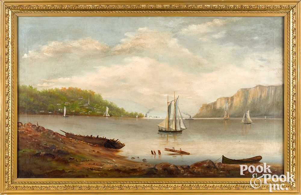 Appraisal: Hudson River oil on canvas landscape th c Hudson River