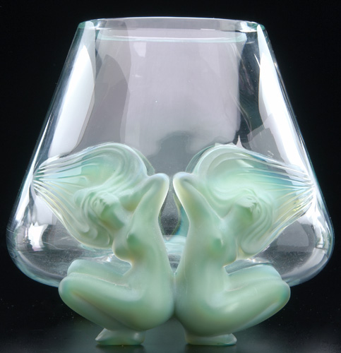 Appraisal: LALIQUE Vase Antinea clear with applied opalescent jade green handles