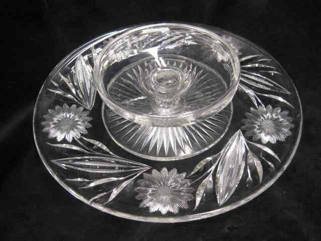 Appraisal: Cut Glass Snack Tray chip dip style with center dish