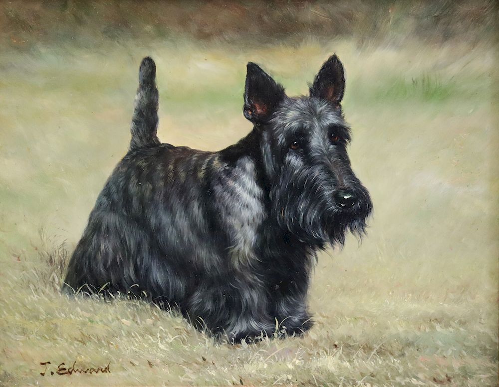 Appraisal: J Edward Signed Oil On Bpard Scotty Dog From a