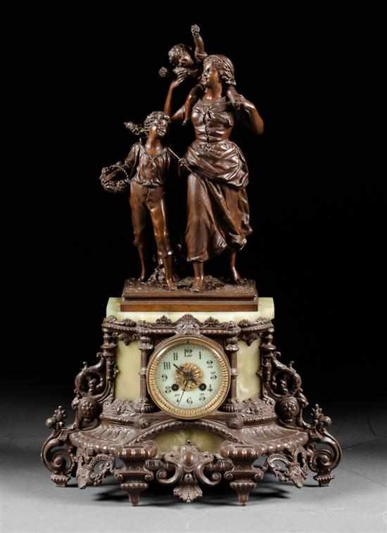 Appraisal: Continental bronzed spelter onyx figural mantel clock after Ernest Rancoulet