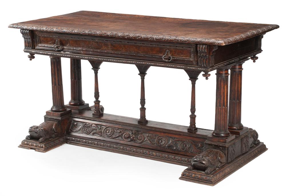 Appraisal: Antique Spanish Renaissance-Style Carved Walnut Trestle Table foliate edge top