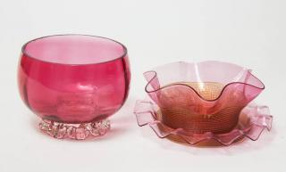 Appraisal: Cranberry Glass Bowls one with Applied Clear Foot H second