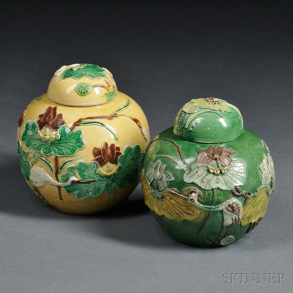 Appraisal: Two Polychrome Ginger Jars China th century decorated with raised