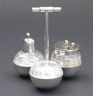 Appraisal: An Elkington electroplated cruet set designed by Dr Christopher Dresser