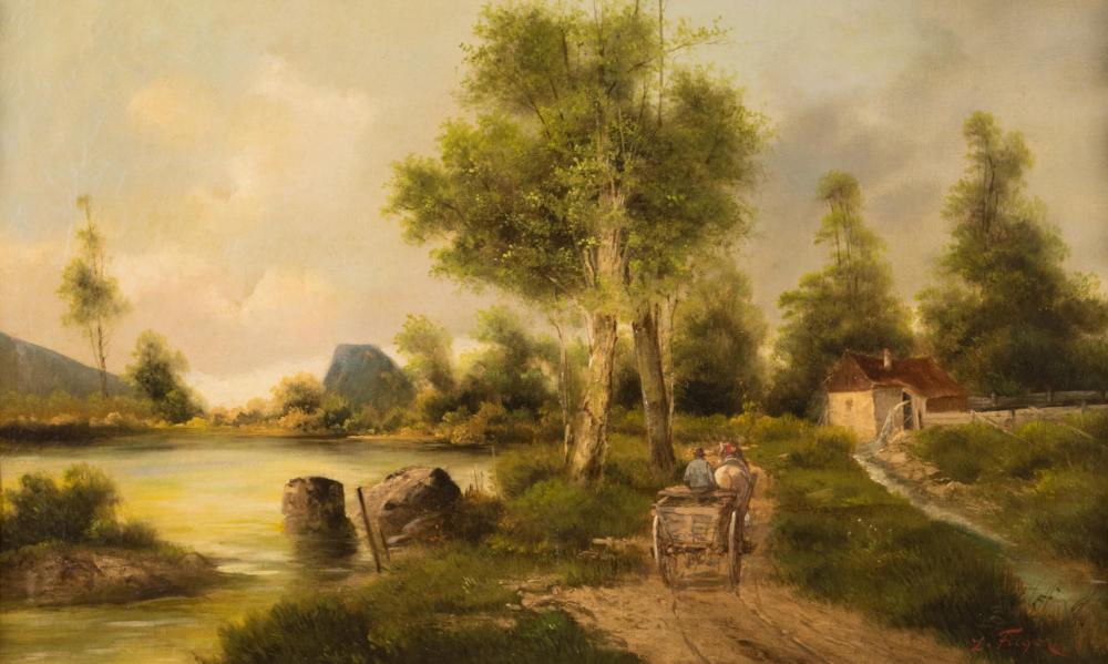 Appraisal: LUDWIG FUGER Germany th century oil on canvas river landscape