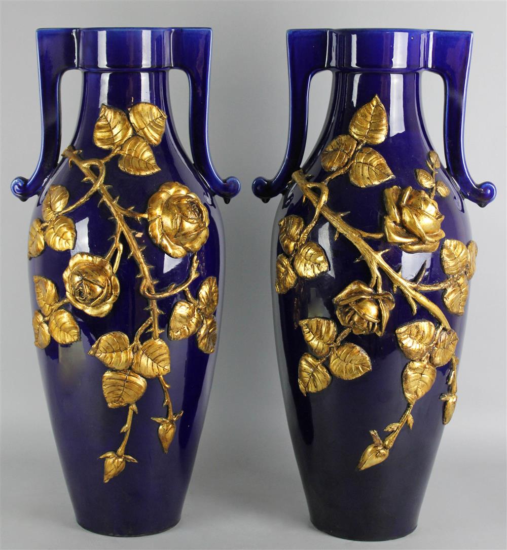 Appraisal: PAIR OF FRENCH PARCEL GILT METAL AND COBALT GLAZED TWO-HANDLED