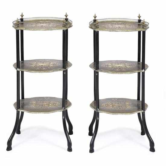 Appraisal: A PAIR OF CUT BRASS INLAID EBONISED ETAGERES Each of