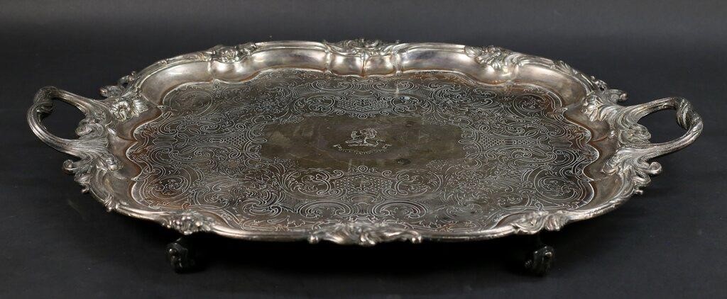 Appraisal: Large Sorely silverplate two handled footed serving tray Rampant lion