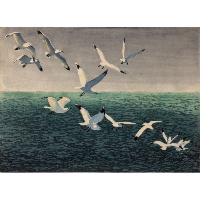 Appraisal: Leo Frank Austrian - ''Seagulls '' color woodcut '' x