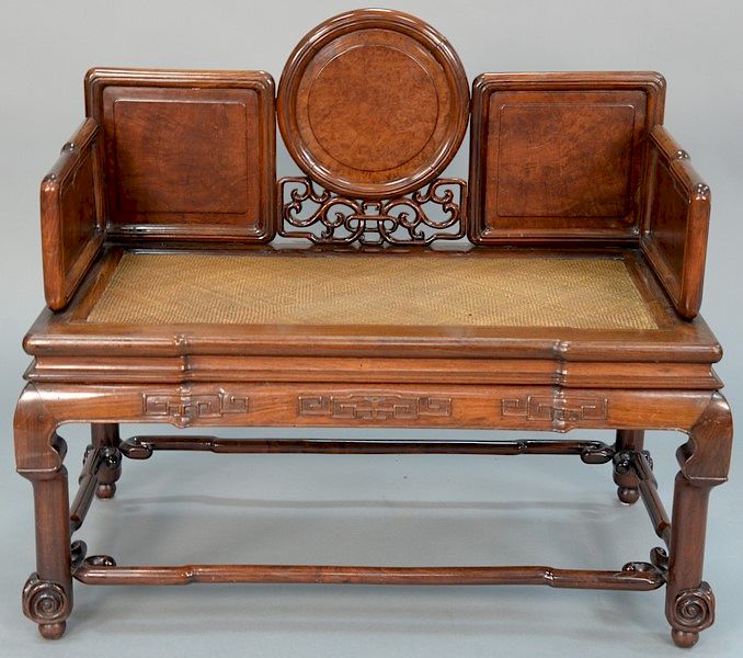 Appraisal: Chinese hardwood bench having burlwood panels and woven seat with