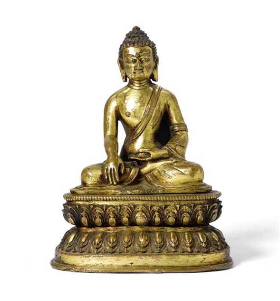 Appraisal: BUDDHA SHAKYAMUNI Tibet ca Jh H cm Feuervergoldete Bronze Der