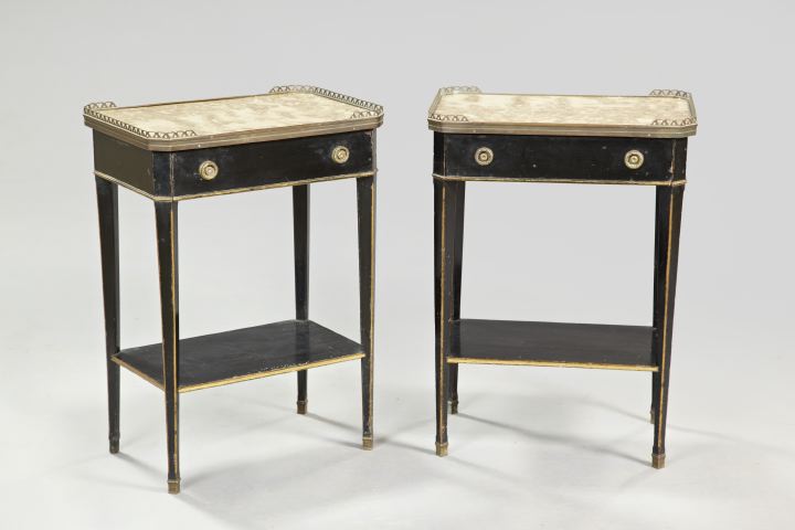 Appraisal: Pair of Louis XVI-Style Ebonized and Marble-Top Occasional Tables early