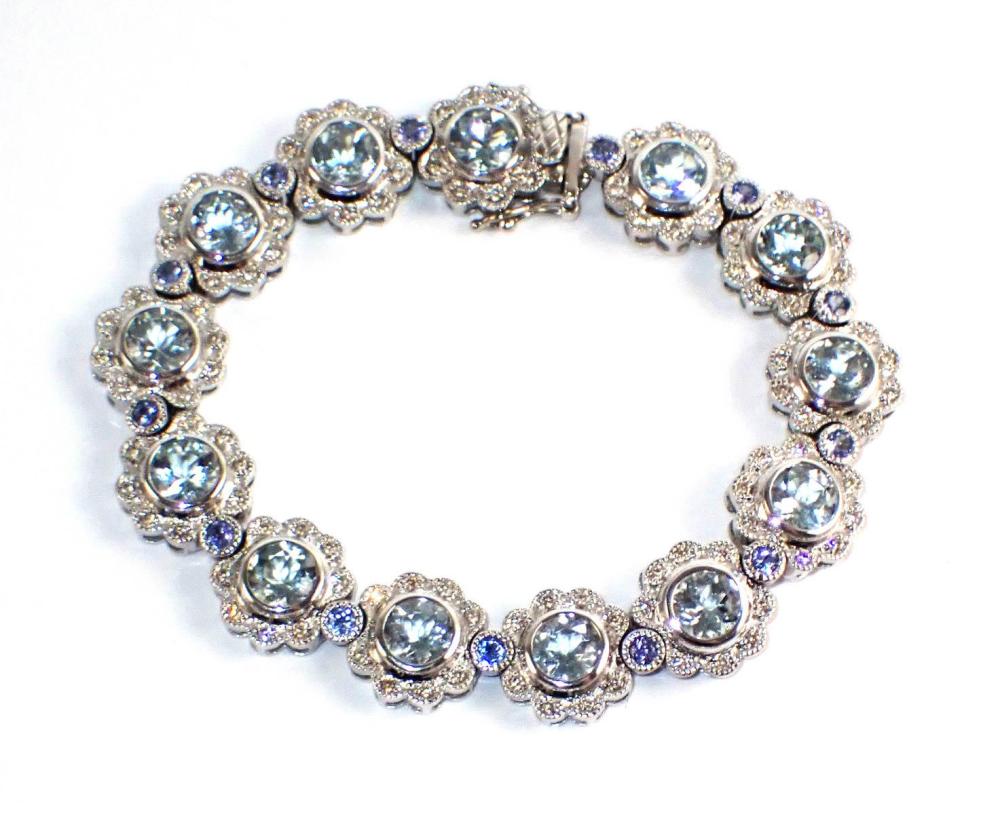 Appraisal: AQUAMARINE TANZANITE AND DIAMOND BRACELET The k white gold bracelet