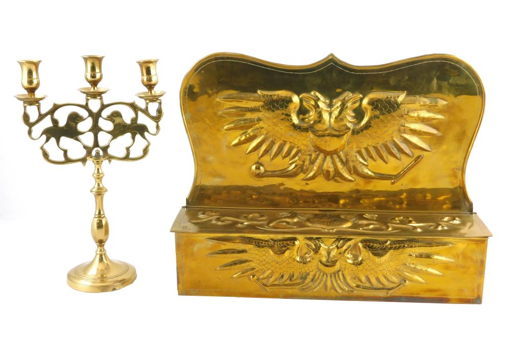 Appraisal: Two pieces of th C Continental brass candle-box and candelabra