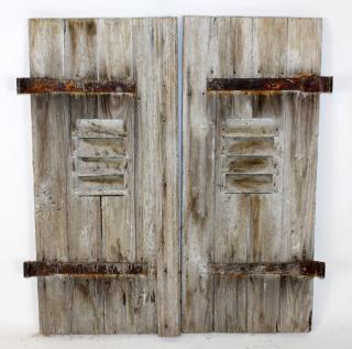 Appraisal: French rustic painted shutters with iron hardware Pair of French