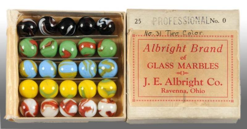 Appraisal: Glass Albright Brand Marble Box with Marbles Description Original professional