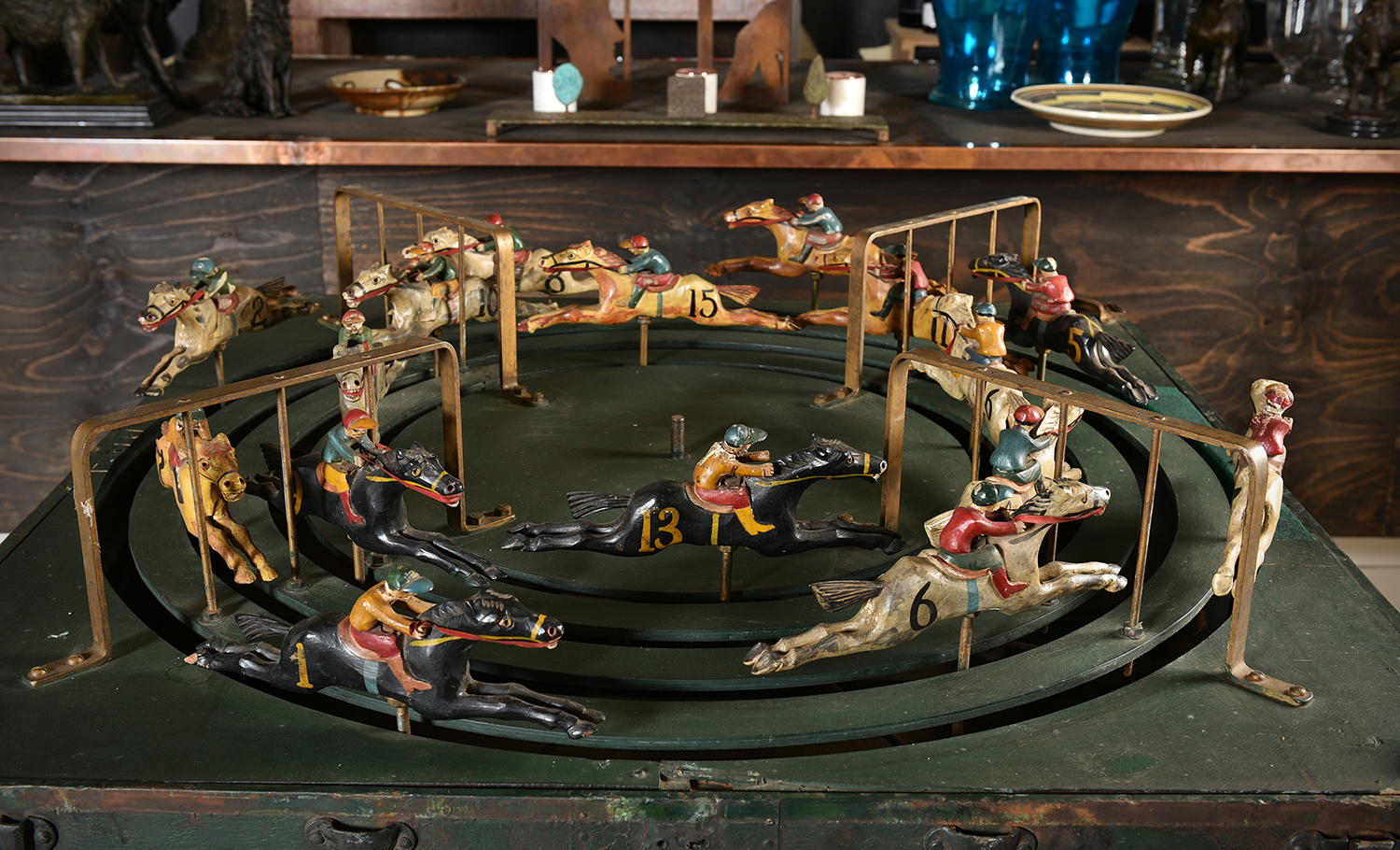 Appraisal: AN EARLY TH CENTURY AMERICAN HAND CARVED HORSE RACING CAROUSEL