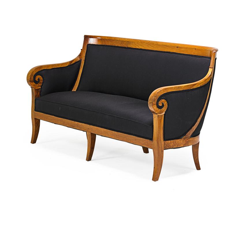 Appraisal: BIEDERMEIER SETTEE Fruitwood with upholstery on tapered leg th c