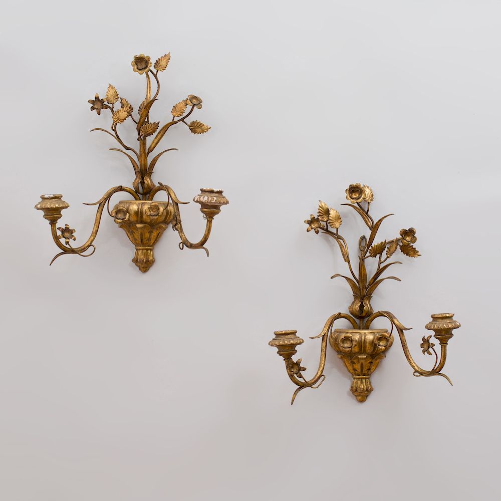 Appraisal: Pair of Continental Giltwood and Gilt-Metal Two-Light Sconces x in