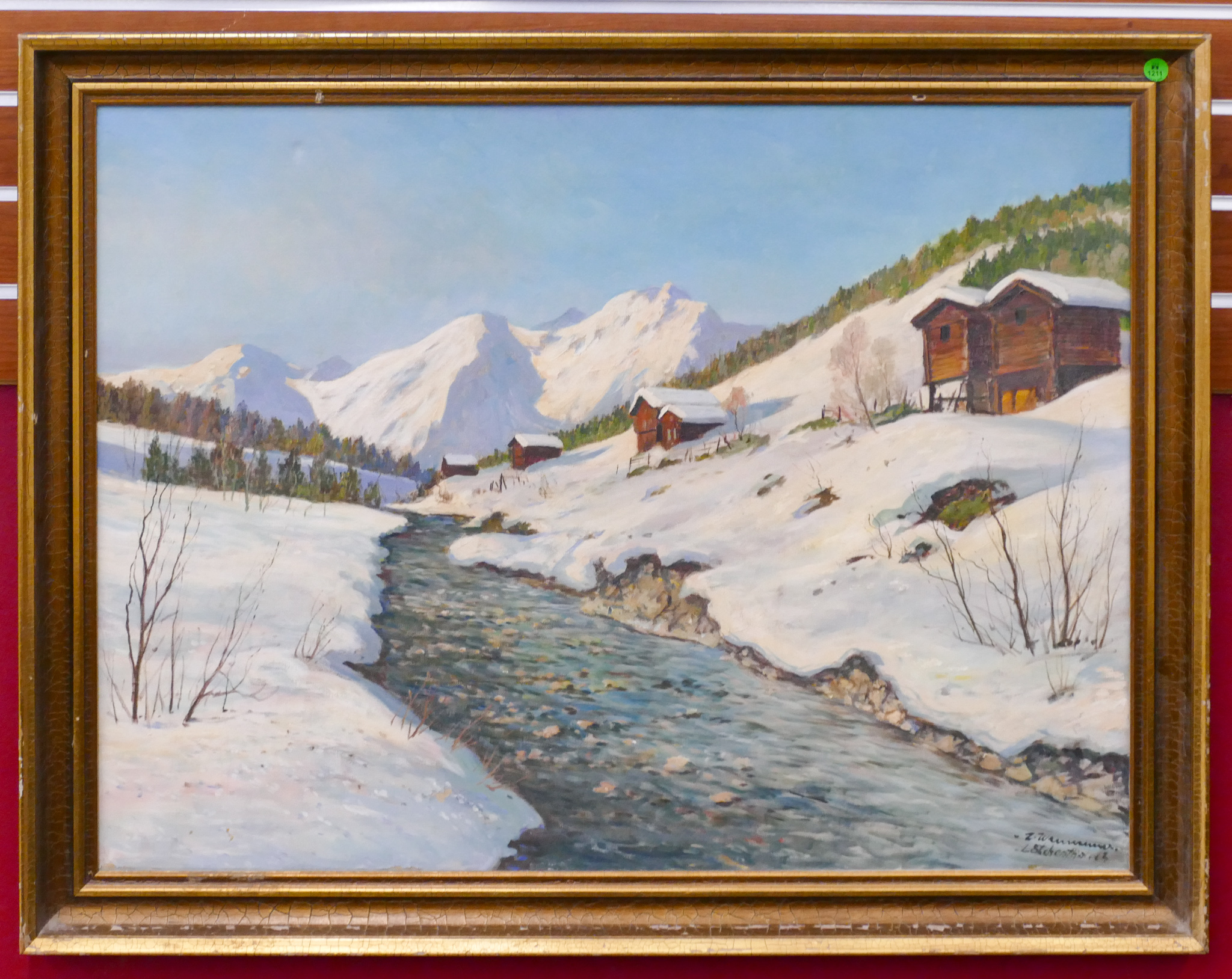 Appraisal: Vintage Swiss Winter Stream Landscape Oil on Canvas Framed ''x