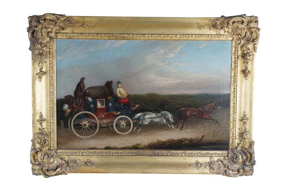 Appraisal: ENGLISH SCHOOL HORSE-DRAWN CARRIAGE th Century oil on canvas relined