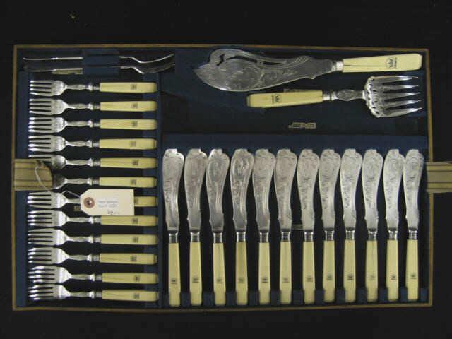 Appraisal: pc English Victorian Carved Ivory Silver- plate Fish set engraved