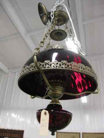 Appraisal: Ruby Glass Hanging Light Fixture thumbprint design brass finish