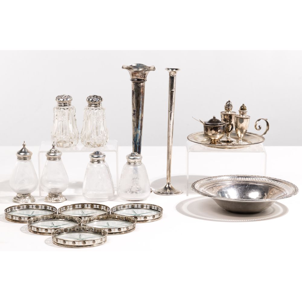 Appraisal: STERLING SILVER TABLEWARE ASSORTMENTIncluding salt and pepper shakers vases coasters