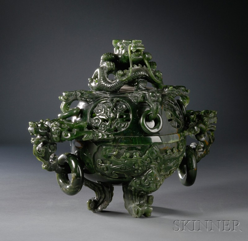 Appraisal: Jade Censer China th century highly translucent forest green color