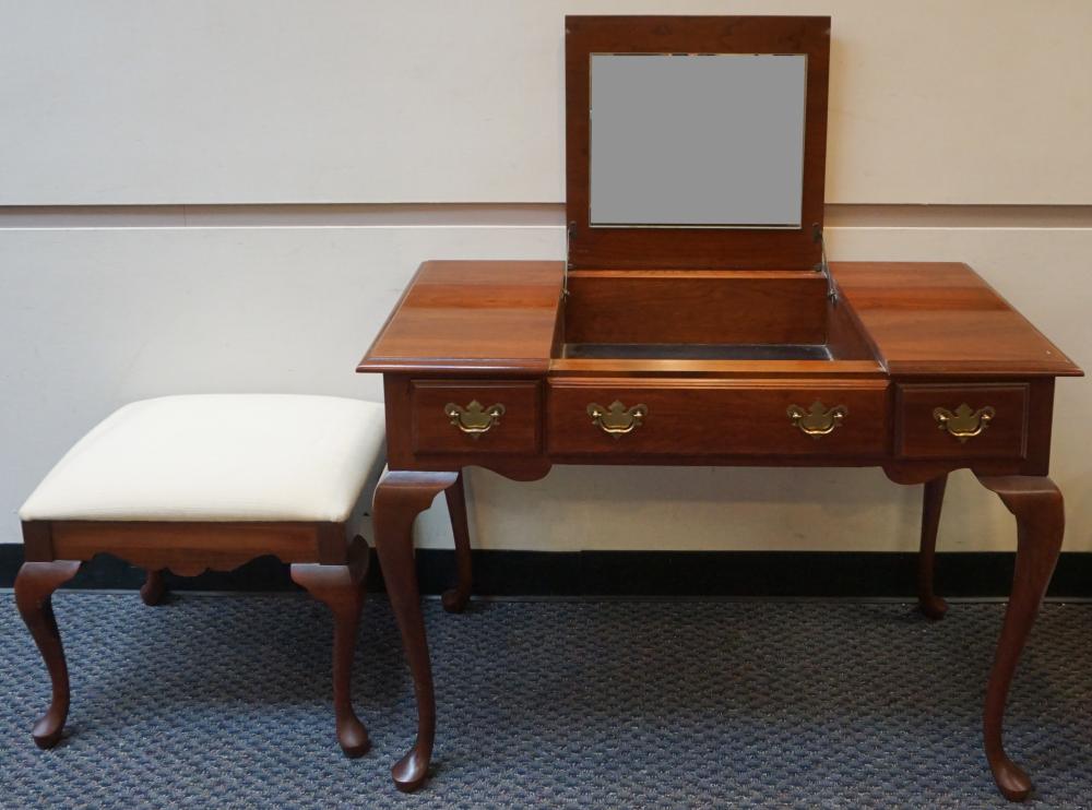 Appraisal: QUEEN ANNE STYLE CHERRY VANITY WITH MIRROR LID AND UPHOLSTERED