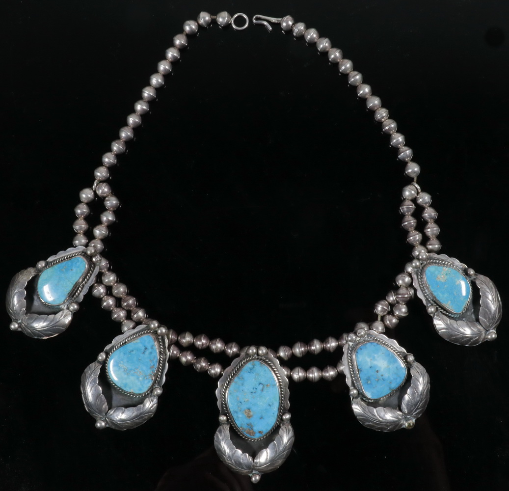 Appraisal: NATIVE AMERICAN SILVER TURQUOISE NECKLACE Finely Crafted Five-Pendant Necklace with