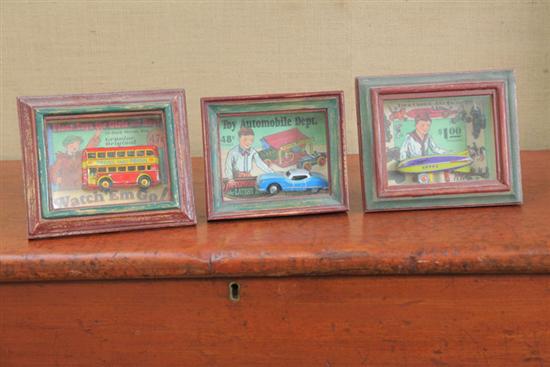 Appraisal: THREE PIECES Framed toy advertisements and small tin toys possibly