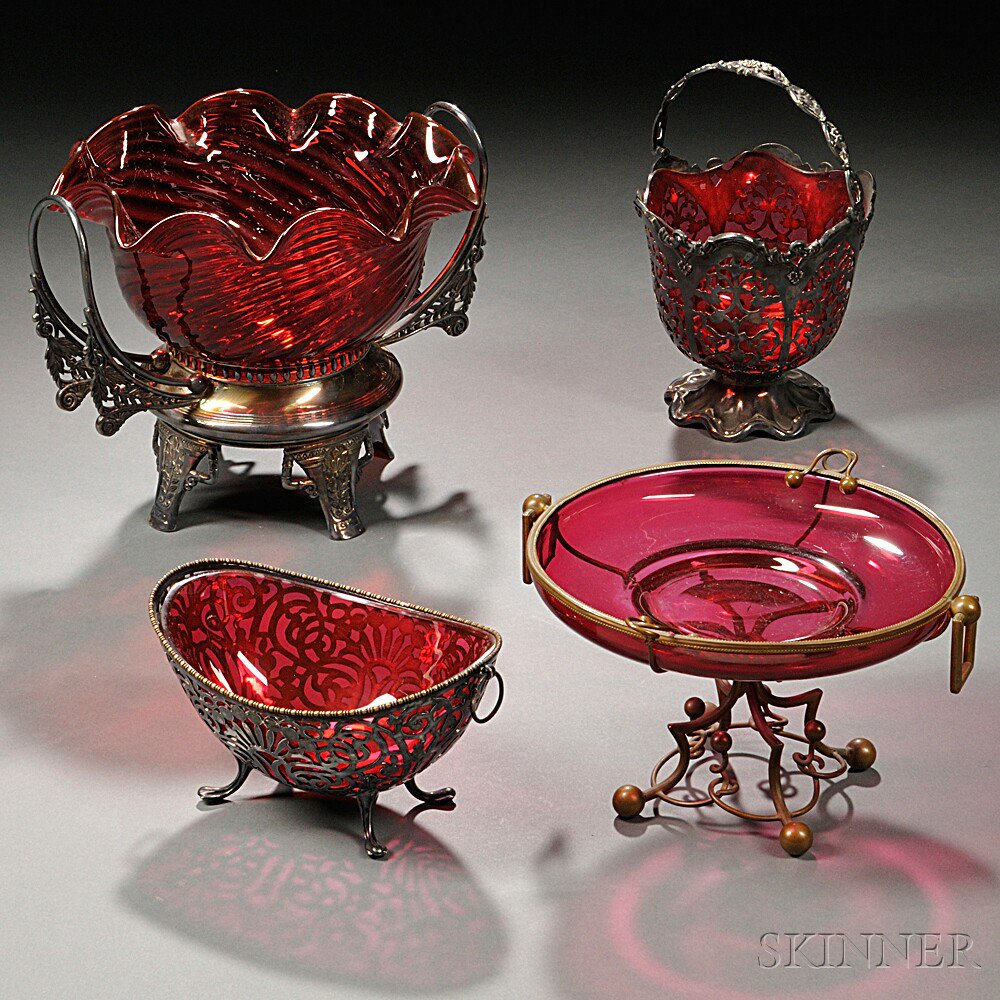 Appraisal: Four Metal-mounted Ruby Glass Items mid to late th century