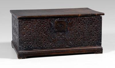 Appraisal: th century carved oak bible box hinged top with open