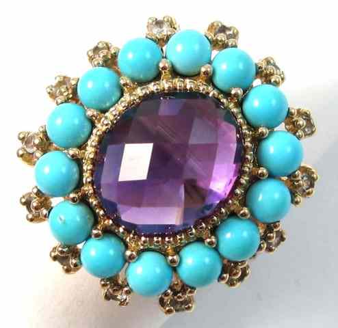 Appraisal: AMETHYST TURQUOISE AND DIAMOND RING k yellow gold with round