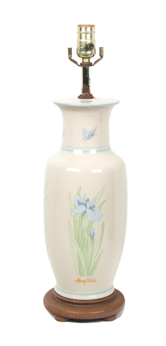 Appraisal: Sale Lot A Ceramic Lamp depicting Iris flowers crackle glazed