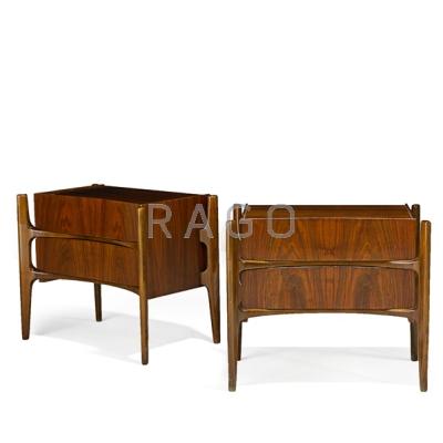 Appraisal: EDMUND SPENCE Pair of curved nightstands Sweden s Figured walnut