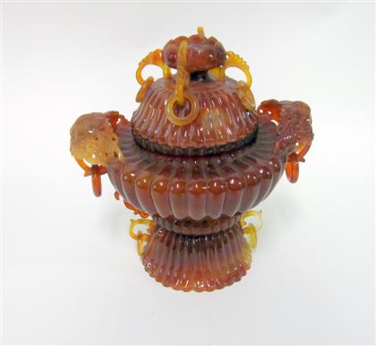 Appraisal: Chinese carved agate censerIn two parts with a lotus carved