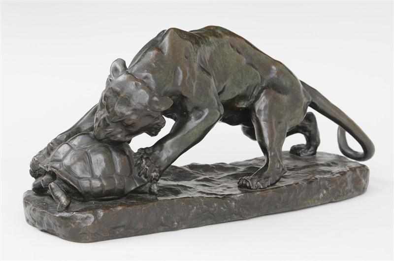 Appraisal: AFTER GEORGES GARDET LIONESS ATTACKING TORTOISE Bronze dark brown patina