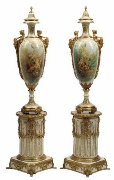 Appraisal: pair Sevres style porcelain vases removable lids transfer decorated scenes