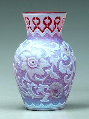 Appraisal: Cameo glass vase floral and scroll decoration below arabesque rim