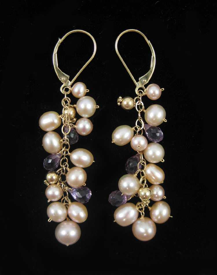 Appraisal: PAIR OF PINK PEARL AND AMETHYST EARRINGS each measuring -