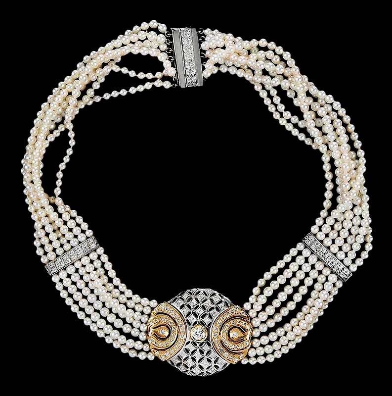 Appraisal: Gold Diamond and Pearl Choker Necklace seven strands cultured pearls