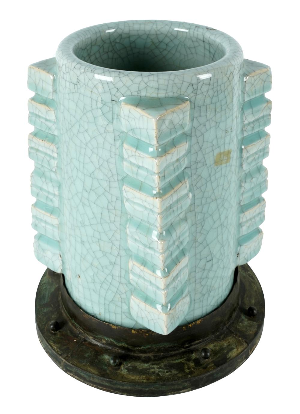 Appraisal: CELADON CRACKLED TSUNG VASE WITH BRONZE BASEincised mark to underside