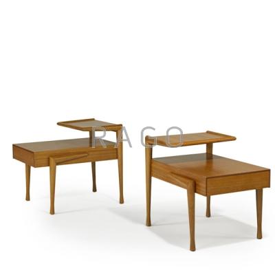 Appraisal: JOHN KEAL BROWN SALTMAN Pair of single-drawer sofa tables California