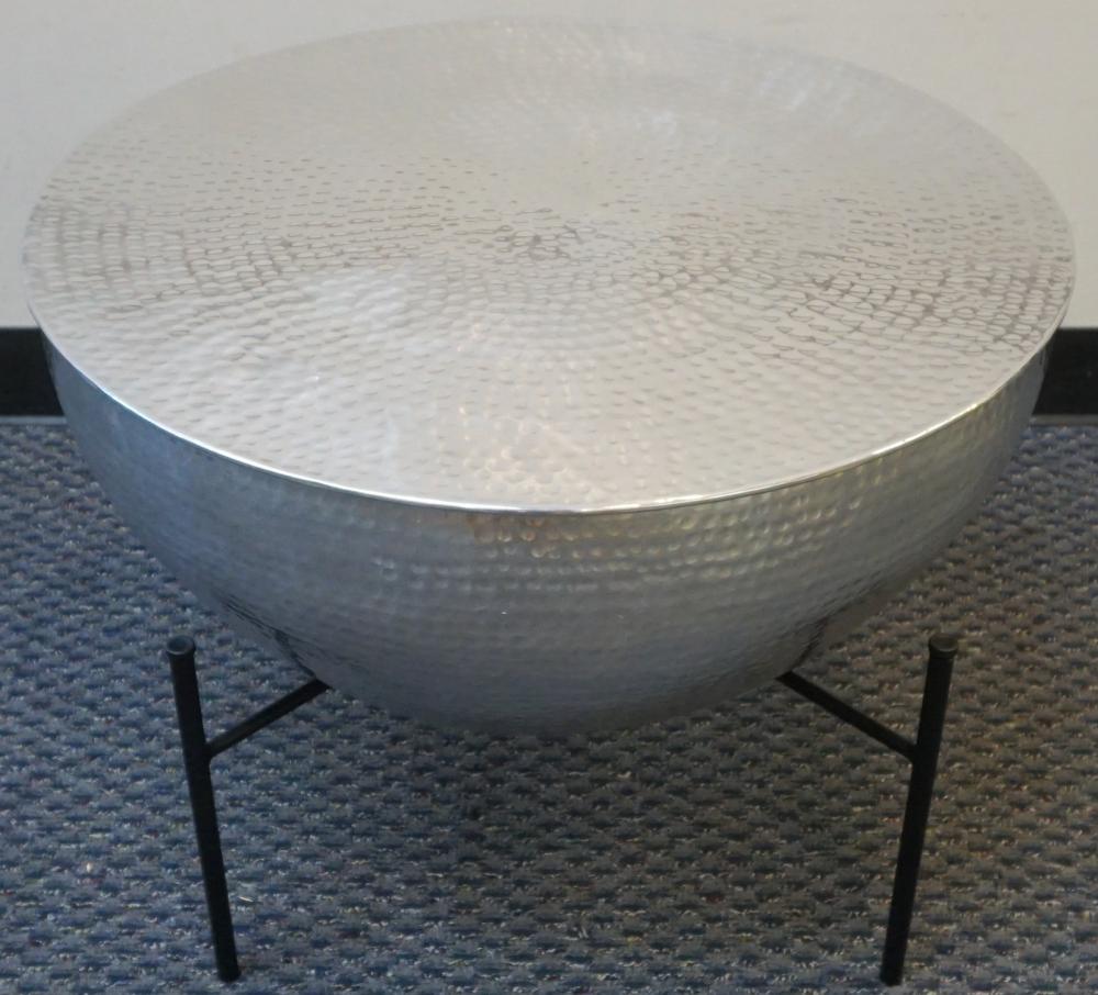 Appraisal: MODERN HAMMERED ALUMINUM BLACK PAINTED WROUGHT IRON BASE 'DRUM' TABLE