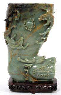 Appraisal: CARVED DRAGON DESIGN SERPENTINE VASE CARVED DRAGON DESIGN GREEN AND